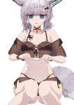  1girl absurdres animal_ears aquarius_cat arknights bandaid bangs bare_shoulders bikini black_bikini blue_eyes breasts cleavage feet_out_of_frame fox_ears fox_tail grey_hair highres holding holding_bandaid looking_at_viewer navel off-shoulder_bikini off_shoulder official_alternate_costume oripathy_lesion_(arknights) parted_lips short_hair short_sleeves simple_background sitting small_breasts smile solo stomach sussurro_(arknights) sussurro_(summer_flowers)_(arknights) swimsuit tail white_background 
