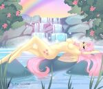  absurd_res anthro anthrofied blush breasts equid equine feathers female fluttershy_(mlp) friendship_is_magic hi_res lying mammal my_little_pony nude on_back pegasus rainbow solo waterfall wings xjenn9 yellow_body yellow_feathers 