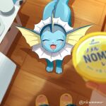  1other :d blurry blush closed_eyes commentary_request facing_viewer fangs funahashi_(nkmmmmr) holding indoors open_mouth pokemon pokemon_(creature) pov smile tongue twitter_username vaporeon watermark wooden_floor 