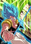  2boys aura baggy_pants black_vest black_wristband blue_eyes blue_hair broly_(dragon_ball_super) clenched_hand clenched_teeth commentary_request dragon_ball dragon_ball_super dragon_ball_super_broly energy_ball energy_orb glowing glowing_hand gogeta green_hair highres legendary_super_saiyan male_focus metamoran_vest multiple_boys muscular muscular_male pants pectorals purple_sash sash signature solo spiked_hair super_saiyan super_saiyan_blue takahashi_yuuya teeth translation_request v-shaped_eyebrows veins vest white_pants wristband 