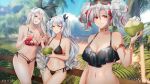  3girls alternate_costume armlet azur_lane beach bikini choker cloud coconut cowboy_shot cup day drinking_glass drinking_straw eyewear_on_head fence grass grey_hair highres muki_(mayuiki) multiple_girls palm_tree prinz_adalbert_(azur_lane) prinz_eugen_(azur_lane) prinz_heinrich_(azur_lane) red_eyes side-tie_bikini sunglasses swimsuit tree umbrella 