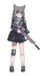  1girl animal_ear_fluff animal_ears assault_rifle bangs blue_archive blue_eyes blue_jacket blue_scarf blush bulletproof_vest closed_mouth commentary_request cross_hair_ornament expressionless extra_ears full_body grey_hair gun hair_ornament headset highres holding holding_gun holding_weapon jacket kare knee_pads kneehighs long_sleeves looking_at_viewer medium_hair mismatched_pupils no_halo plaid plaid_skirt pleated_skirt rifle scarf school_uniform shiroko_(blue_archive) shoes sig_sauer_556 single_knee_pad skirt socks solo standing striped striped_scarf transparent_background weapon white_socks wolf_ears 