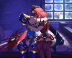  1boy 1girl aegis_sword_(xenoblade) bed blush chaps closed_eyes highres hug nithros pyra_(xenoblade) rex_(xenoblade) short_hair sitting tears thighhighs tiara window xenoblade_chronicles_(series) xenoblade_chronicles_2 