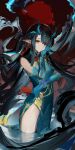  1girl aqua_dress aqua_hair aqua_skin arknights bangs bead_bracelet beads bird black_hair bracelet china_dress chinese_clothes dragon_girl dragon_horns dragon_tail dress dusk_(arknights) dusk_(everything_is_a_miracle)_(arknights) earrings floating_hair flower_knot gold_trim gradient_skin green_horns hand_fan hand_on_own_cheek hand_on_own_face hand_up highres horns ink jewelry long_hair looking_at_viewer mountain multicolored_hair official_alternate_costume orange_eyes parted_bangs pelvic_curtain pointy_ears red_sun sankichi_(croquette_crab) sleeveless sleeveless_dress solo streaked_hair tail tassel tassel_earrings very_long_hair wading 