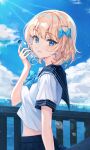  1girl absurdres bangs blonde_hair blue_bow blue_eyes blue_sailor_collar blue_skirt blue_sky blurry blurry_background bottle bow cloud cloudy_sky cup day from_side highres holding holding_cup light_blush looking_at_viewer midriff ocean original parted_lips pleated_skirt sailor sailor_collar sailor_shirt school_uniform shirt short_hair skirt sky smile solo standing sun sunlight upper_body water_bottle white_shirt wooni_(wooni_0818) 
