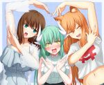  3girls animal_ears arms_up bangs bare_shoulders blush breasts brown_hair charlotte_corday_(fate) cleavage closed_eyes collarbone crop_top dragon_girl dragon_horns fate/extra fate/extra_ccc fate/extra_ccc_fox_tail fate/grand_order fate_(series) fox_ears fox_girl frills green_eyes green_hair grey_shirt hasebe_akira heart heart_hands horns kiyohime_(fate) large_breasts long_hair looking_to_the_side medium_breasts midriff multiple_girls multiple_horns navel open_mouth orange_hair rolling_eyes shirt short_hair short_sleeves sidelocks sleeveless sleeveless_shirt smile suzuka_gozen_(fate) white_shirt yellow_eyes 