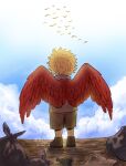  1boy athenoot bird blonde_hair boku_no_hero_academia broken_bottle child cloud commentary day english_commentary feathered_wings flock from_behind hawks_(boku_no_hero_academia) male_child male_focus outdoors red_wings shirt shoes short_hair shorts signature solo standing trash_bag wings younger 
