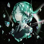  1other androgynous black_background black_jacket black_necktie closed_mouth collared_shirt crystal_hair damaged formal gem_uniform_(houseki_no_kuni) green_eyes green_hair green_theme houseki_no_kuni jacket light_particles light_smile looking_at_viewer necktie other_focus phosphophyllite portrait severed_torso shards shirt short_hair simple_background sleepless_(wrysmile) solo sparkle suit white_shirt 