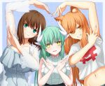  3girls animal_ears arms_up bangs bare_shoulders blush breasts brown_hair charlotte_corday_(fate) cleavage collarbone crop_top dragon_girl dragon_horns fate/extra fate/extra_ccc fate/extra_ccc_fox_tail fate/grand_order fate_(series) fox_ears fox_girl frills green_eyes green_hair grey_shirt grin hasebe_akira heart heart_hands horns kiyohime_(fate) large_breasts long_hair medium_breasts midriff multiple_girls multiple_horns navel open_mouth orange_eyes orange_hair shirt short_hair short_sleeves sidelocks sleeveless sleeveless_shirt smile suzuka_gozen_(fate) white_shirt yellow_eyes 