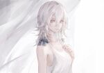  1girl bare_shoulders blue_bow blue_eyes bow character_request closed_mouth collarbone curtains dress eyelashes eyeshadow hair_between_eyes kei_(keiuu) long_hair looking_at_viewer makeup nier nier_(series) pink_eyeshadow pink_lips signature smile solo upper_body white_dress white_theme 
