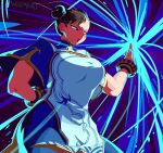  1girl artist_name blue_dress blue_pants bracelet breasts bun_cover china_dress chinese_clothes chun-li cowboy_shot double_bun dress hair_bun highres jewelry large_breasts looking_to_the_side open_mouth pants solo street_fighter street_fighter_6 two-tone_dress werfmight 
