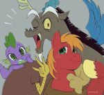  2019 4_fingers antlers beard big_macintosh_(mlp) brown_body brown_fur chimera discord_(mlp) draconequus dragon earth_pony equid equine eyebrows facial_hair fingers freckles friendship_is_magic fur green_body green_eyes group hasbro horn horse looking_at_viewer male mammal my_little_pony omame0521 open_mouth open_smile pony purple_body red_body red_eyes red_fur smile spike_(mlp) trio wings yellow_sclera 
