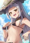  1girl absurdres adjusting_clothes adjusting_swimsuit bangs bare_shoulders bikini black_headwear blue_sky blunt_bangs blush breasts choker collarbone cup drinking_straw grey_hair hat highres hololive karadborg long_hair looking_at_viewer murasaki_shion navel open_mouth sidelocks sky small_breasts smile solo sweat swimsuit virtual_youtuber white_hair witch_hat yellow_eyes 
