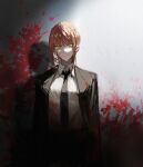  1girl against_wall bangs black_coat black_necktie black_suit blood blood_on_clothes blood_on_face blood_on_wall blunt_bangs chainsaw_man closed_mouth coat collared_shirt dress_shirt formal grey_background highres lapels long_coat looking_at_viewer makima_(chainsaw_man) necktie notched_lapels orange_hair shadow shirt sidelocks smile solo standing suit wall white_shirt xiangchijinkeladexing yellow_eyes 