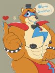  &lt;3 abs anthro areola biceps big_bulge big_nipples bodypaint bow_tie brown_body brown_fur bulge clothing dialogue ear_piercing ear_ring english_text eyebrows face_paint five_nights_at_freddy&#039;s five_nights_at_freddy&#039;s:_security_breach fur genitals glamrock_freddy_(fnaf) glitchedweasel hat headgear headwear hi_res male mammal muscular muscular_anthro muscular_male nipples one_eye_closed pecs penis piercing poking_out pubes ring_piercing scottgames simple_background smile solo speech_bubble tan_body tan_fur teeth text top_hat ursid video_games wink 