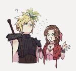  1boy 1girl ? aerith_gainsborough armor bangle bangs belt blonde_hair blue_eyes bracelet breasts brown_hair buster_sword buttons choker cloud_strife cropped_jacket dress final_fantasy final_fantasy_vii final_fantasy_vii_remake flower flower_choker green_eyes hair_flower hair_ornament hair_ribbon hands_up highres jacket jewelry kuri6_4 medium_breasts open_mouth parted_bangs pink_dress pink_ribbon red_jacket ribbon short_hair short_sleeves shoulder_armor sidelocks sleeveless sleeveless_turtleneck smile spiked_hair suspenders turtleneck upper_body w_arms wavy_hair weapon weapon_on_back 