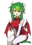  1girl absurdres bare_shoulders between_legs breasts china_dress chinese_clothes draco_centauros dragon_girl dragon_horns dragon_tail dragon_wings dress fang green_hair hand_between_legs highres horns large_breasts looking_at_viewer madou_monogatari offbeat open_mouth pants puyopuyo red_dress red_wings short_hair sidelocks simple_background sitting solo tail v_arms white_background white_pants wings yellow_eyes 