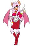  amouge amy_rose angelamyrose anthro boots bottomwear clothed clothing dress ear_piercing ear_stud female footwear fusion hair hi_res hybrid knee_boots knee_highs legwear mature_female piercing pink_body pink_hair rouge_the_bat sega skirt smoking solo sonic_the_hedgehog_(series) wings 