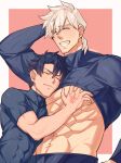 2boys abs absurdres arm_behind_head bangs bara bare_pectorals black_hair black_shirt blush closed_eyes closed_mouth clothes_lift command_spell fate/grand_order fate_(series) fujimaru_ritsuka_(male) grabbing hand_on_another&#039;s_chest highres large_pectorals male_focus multiple_boys muscular muscular_male navel pectoral_grab pectorals percival_(fate) shirt shirt_lift short_hair simple_background smile teeth twitter_username upper_body white_hair yaoi yaosan233 