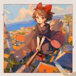  1girl bag bird black_cat border bow broom broom_riding brown_dress brown_eyes brown_hair cat ciloranko cityscape cloud cloudy_sky day dress dutch_angle flying hair_ornament highres jiji_(majo_no_takkyuubin) kiki_(majo_no_takkyuubin) long_dress looking_at_viewer majo_no_takkyuubin medium_hair messenger_bag ocean open_mouth outside_border red_bag red_bow seagull short_sleeves shoulder_bag sky smile straight_hair white_border 
