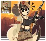  absurd_res ak-47 anthro armband assault_rifle belt bottomwear breasts camo canid canine canis chest_tuft clothing coyote crop_top fangs female fur gun hair hi_res inner_ear_fluff looking_at_viewer mammal midriff navel notched_ear ranged_weapon rifle shirt shorts shoulder_tuft solo super_animal_royale topwear tuft weapon wireless_shiba 