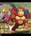  1boy 1girl anger_vein angry blonde_hair carrying chasing closed_mouth constricted_pupils crown donkey_kong donkey_kong_(series) dress earrings elbow_gloves fleeing flying_sweatdrops full_body gloves gorilla hat highres jewelry letterboxed long_hair looking_at_another mario mario_(series) motion_blur necktie overalls pink_dress princess_peach running scared shaded_face shoes shoulder_carry sidelocks speed_lines stoic_seraphim very_long_hair wide-eyed 