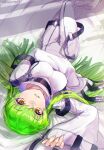 1girl absurdres c.c. code_geass diffraction_spikes fingernails glint green_hair hair_between_eyes highres kachin long_hair lying on_back parted_lips sleeves_past_fingers sleeves_past_wrists solo thigh_gap twitter_username yellow_eyes 