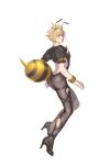  1boy absurdres alternate_costume antennae aqua_eyes backless_leotard bee_costume black_footwear black_hairband black_pantyhose blonde_hair chicken_movement cleavage_cutout clothing_cutout cloud_strife crossdressing final_fantasy final_fantasy_vii final_fantasy_vii_remake floating flower full_body hair_between_eyes hair_flower hair_ornament hairband high_heels highres looking_at_viewer male_focus pantyhose parted_lips pink_flower puffy_short_sleeves puffy_sleeves short_hair short_sleeves spiked_hair stinger thigh_strap torn_pantyhose white_background wristband 
