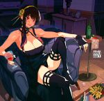 1girl alcohol bare_arms bare_shoulders beehive_hairdo black_dress black_gloves black_hair black_panties blush breasts choker cleavage clothes_lift couch cup ddyozy dress dress_lift drink drinking_glass fingerless_gloves flower flower_pot food french_fries full_body gloves hair_flower hair_ornament hairband heart heart-shaped_pupils high_heels highres indoors kitchen large_breasts leg_up on_couch panties red_eyes shelf shirt sidelocks sitting sleeveless sleeveless_shirt smile solo spy_x_family symbol-shaped_pupils table thighhighs underwear wine_glass yor_briar 