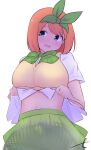  1girl bangs blue_eyes blurry blurry_foreground blush bow breasts clothes_lift commentary_request depth_of_field electric_fan eyebrows_hidden_by_hair fanning_self go-toubun_no_hanayome green_bow green_ribbon green_skirt hair_ribbon highres kujou_karasuma lifted_by_self medium_breasts nakano_yotsuba open_mouth orange_hair pleated_skirt ribbon shirt shirt_lift short_sleeves signature simple_background skirt solo sweater_vest white_background white_shirt 