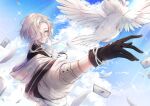  1boy arm_up ascot bangs bird black_gloves black_shirt blonde_hair blue_eyes blue_hair blue_sky blurry bracelet card closed_mouth cloud day depth_of_field dove falling_card falling_feathers feathers floating_hair gloves hair_intakes hair_over_one_eye highres holostars hood hood_down hooded_jacket jacket jewelry jyako_(utsugi_uyu) lens_flare light_rays long_sleeves looking_at_viewer looking_back male_focus medium_hair multicolored_hair one_eye_covered opal_(opalkuji) outdoors outstretched_arm parted_bangs puffy_sleeves red_hair shirt sidelocks sky sleeves_rolled_up smile solo streaked_hair sunlight swept_bangs turtleneck upper_body utsugi_uyu white_ascot white_jacket 