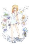  1girl arms_behind_back blonde_hair blue_eyes breasts drawing dress flying_paper from_behind full_body hair_between_eyes kingdom_hearts kingdom_hearts_ii kuri6_4 long_hair looking_at_viewer looking_back namine pages paper sandals short_dress small_breasts solo white_background white_dress 