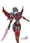  1girl absurdres alien blue_eyes bra breasts curvy gonzo_mk06 highres humanoid_robot mecha_musume medium_breasts panties red_bra red_panties revealing_clothes robot simple_background solo sword thick_thighs thighs transformers underwear weapon white_background windblade wings 
