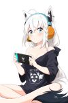  1girl absurdres ahoge animal_ears bangs bare_legs black_shirt blue_eyes blush braid breasts burger_headphones character_print cleavage closed_mouth felutiahime fox_ears fox_girl fox_tail hair_between_eyes handheld_game_console headphones highres holding holding_handheld_game_console hololive implied_extra_ears indian_style long_hair looking_at_viewer medium_breasts miteiru_(shirakami_fubuki) nintendo_switch off_shoulder print_shirt shirakami_fubuki shirt simple_background sitting solo tail very_long_hair virtual_youtuber white_background white_hair 