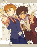 2boys arm_on_shoulder arm_up axis_powers_hetalia blazer blue_vest brothers brown_eyes brown_hair cocktail cocktail_glass collared_shirt cup drinking_glass flower grin highres holding holding_cup jacket letterboxed looking_at_viewer male_focus multiple_boys ninonuko northern_italy_(hetalia) one_eye_closed open_clothes open_jacket red_jacket red_skirt shirt siblings skirt smile southern_italy_(hetalia) vest waistcoat 