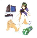  1girl cable clenched_teeth cup drinking_glass feet game_console green_eyes green_hair hair_horns handheld_game_console headset invisible_floor original panties playstation_3 playstation_controller playstation_portable short_hair shyzzzi sitting solo sprite_(drink) tattoo teeth television underwear videocassette_recorder white_panties 