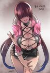 1girl arm_under_breasts artist_name bangs breasts butcha-u cleavage cleavage_cutout clothing_cutout cropped_jacket fur_trim hair_over_eyes highres large_breasts leaning_forward long_hair miniskirt shermie_(kof) skirt smile the_king_of_fighters thighs translation_request very_long_hair 