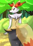  absurd_res anthro big_butt braixen butt canid canine clothing curvaceous curvy_figure female hi_res irc_(artist) mammal nintendo pinup pok&eacute;mon pok&eacute;mon_(species) pose presenting rear_view solo thick_thighs video_games voluptuous 