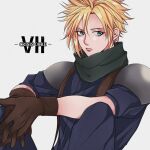  1boy armor blonde_hair blue_eyes blue_pants blue_shirt brown_gloves cloud_strife copyright_name crisis_core_final_fantasy_vii earrings final_fantasy final_fantasy_vii gloves green_scarf hair_between_eyes jewelry looking_to_the_side male_focus own_hands_together pants scarf shirt short_hair short_sleeves shoulder_armor single_earring sitting solo spiked_hair suspenders upper_body y_skk younger 