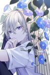  1boy antenna_hair bishounen flower hair_between_eyes highres male_focus morning_glory muon original purple_hair rain sanpaku short_hair short_sleeves signature solo upper_body veil wet white_hair 