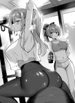  2girls arm_up armpits ass ball bangs blush bottle breasts ceiling collarbone commentary_request exercise_ball hair_ribbon highres holding holding_bottle indoors large_breasts long_hair monochrome multiple_girls navel original pants parted_lips ponytail ribbon sanshoku_amido sitting_on_ball sports_bra taut_clothes taut_pants towel window yoga_pants 