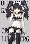  1girl bangs bare_arms bare_shoulders bikini black_bikini black_nails black_thighhighs celestia_ludenberg character_name collarbone danganronpa:_trigger_happy_havoc danganronpa_(series) drill_hair earrings feet_out_of_frame gothic_lolita grey_background groin hand_up jewelry lolita_fashion n0_image nail_polish navel red_eyes shiny shiny_hair simple_background solo stomach swimsuit thighhighs twin_drills twintails 