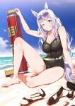  1girl animal_ears bare_legs barefoot beach black_swimsuit blue_sky breasts clenched_teeth cloud collarbone day eyewear_on_head gold_ship_(umamusume) grey_hair horse_ears horse_girl horse_tail inu_(aerodog) large_breasts legs long_hair looking_at_viewer ocean one-piece_swimsuit one_eye_closed outdoors purple_eyes sandals sandals_removed sky solo summer sunglasses swimsuit tail teeth thighs toenails toes umamusume water_gun wet 