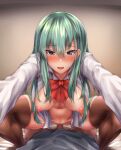  1boy 1girl aqua_eyes aqua_hair assertive_female bangs blush bow bowtie breasts breasts_out brown_thighhighs censored cowgirl_position girl_on_top hair_between_eyes hair_ornament hairclip happy_sex hetero indoors kantai_collection large_breasts leaning_forward long_hair looking_at_viewer matsunaga_garana mosaic_censoring motion_blur navel nipples open_clothes open_mouth open_shirt outstretched_arms penis pov reaching_out red_bow red_bowtie sex shiny shiny_hair shiny_skin shirt sidelocks solo_focus squatting_cowgirl_position straddling suzuya_(kancolle) sweat thighhighs vaginal white_shirt 