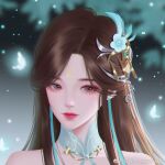  1girl bare_shoulders black_background black_hair bug butterfly closed_mouth detached_collar doupo_cangqiong facial_mark forehead_mark glowing_butterfly gu_xun_er_(doupo_cangqiong) hair_ornament leaf long_hair niu_gu_lu_da_xizi_de_pipi solo turning_head upper_body 