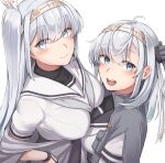  2girls ahoge asymmetrical_docking blue_eyes blush breast_press breasts closed_mouth clothes_writing fuyutsuki_(kancolle) grey_hair grey_jacket hair_ornament hairband height_difference highres jacket jacket_on_shoulders kantai_collection kiritto long_hair looking_at_viewer medium_breasts multiple_girls one_side_up open_mouth school_uniform serafuku simple_background suzutsuki_(kancolle) very_long_hair white_background white_hair white_hairband 