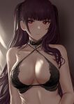  1girl bangs bare_arms bare_shoulders bikini black_bikini black_choker black_ribbon blunt_bangs blush breasts choker cleavage closed_mouth collarbone criss-cross_halter expressionless girls&#039;_frontline hair_ribbon halterneck highres large_breasts long_hair looking_at_viewer purple_hair red_eyes ribbon selcky sidelocks solo swimsuit upper_body wa2000_(girls&#039;_frontline) 