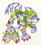  animal_skin anthro bandai_namco cape claws clothing dahecksajerry digimon digimon_(species) duo feral fur gabumon garurumon hood horn male staff striped_body striped_fur stripes yellow_body 