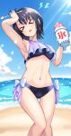  1girl animal_costume beach bikini black_hair blue_bikini closed_eyes food headphones highres humboldt_penguin_(kemono_friends) ice_cream kemono_friends kemono_friends_v_project navel open_mouth penguin_costume ribbon sawara_noa short_hair solo spoon summer swimsuit virtual_youtuber 