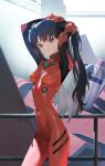  1girl bangs black_hair blue_eyes bodysuit breasts commentary cosplay eva_02 fate_(series) grin head_tilt highres looking_to_the_side mecha neon_genesis_evangelion open_mouth parted_bangs pilot_suit plugsuit red_bodysuit revision robot siino skin_tight small_breasts smile solo souryuu_asuka_langley souryuu_asuka_langley_(cosplay) tohsaka_rin twintails twitter_username tying_hair 